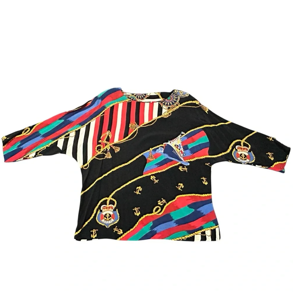 Carole Little Black Multicolor Blouse Nautical Vintage Dolman Sleeves Sz 12 - Picture 10 of 10